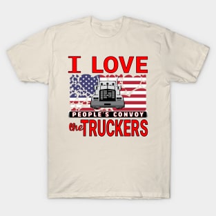 I LOVE THE TRUCKERS - PEOPLES CONVOY - USA FLAG OF HEARTS WITH RED LETTERS T-Shirt